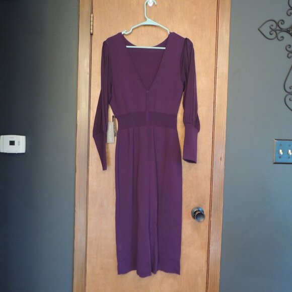 Eva Mendes NY & Co Purple Midi Dress L Long Sleeve Empire Waist NWT - Picture 5 of 10